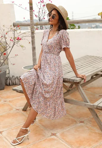Vista 7 de Manydress Vestidos casuales con estampado floral para mujer vestido de verano con cuello en V bohemio vestido cruzado con bolsillos MY107