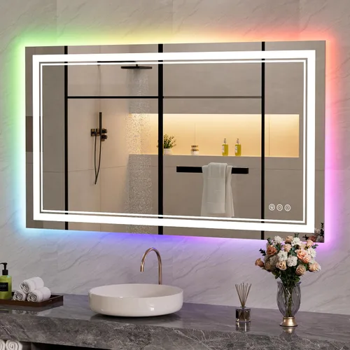 Vista 18 de Espejo de baño LED de 24 x 28 pulgadas, luz frontal y retroiluminada, antiniebla, regulable, espejo de tocador iluminado con memoria, espejo LED