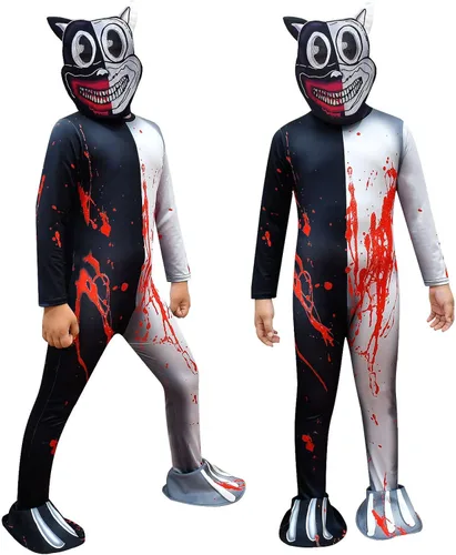 Vista 7 de Disfraz de gato de dibujos animados para niños, overol de Halloween de monstruo de terror para cosplay