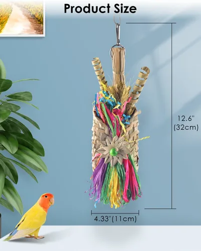 Vista 2 de Bissap Juguetes para masticar pájaros, trituradora de forrajería de loros, bolsa tejida con palmera natural, jaula colgante de juguete con golosinas