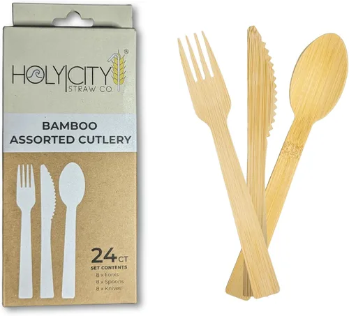 Vista 6 de Juego de cubiertos de bambú surtidos 24 unidades Utensilios compostables de 6.7 pulgadas Vajilla desechable Sin plástico Ideal para uso