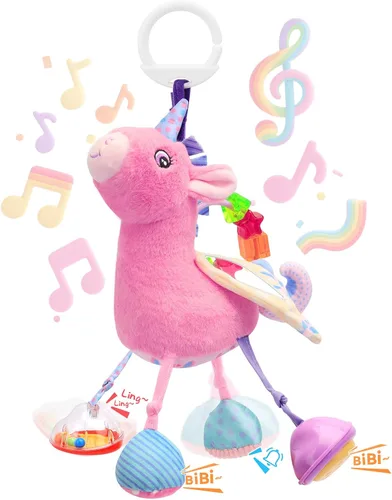 Vista 9 de Asiento de coche y cochecito de juguete para niña, peluche sensorial musical con sonajero y espejo, juguetes para bebés de 0 a 12 meses, juguetes