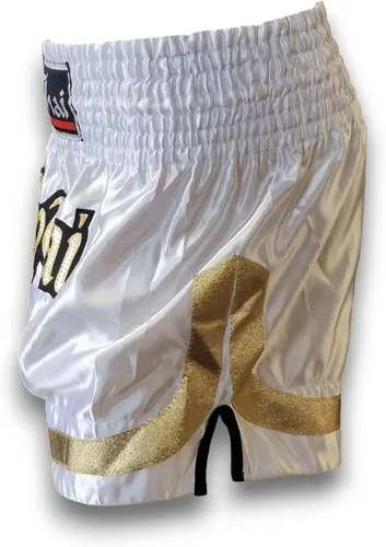 Vista 6 de MMA Boxeo Muay Thai Shorts en satén blanco negro oro corte letras