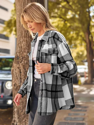 Vista 3 de AUTOMET Trajes de otoño para mujer, estilo casual, a cuadros, con botones, camisas de manga larga 2024