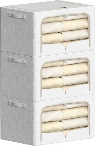 Vista 12 de FHSQX Paquete de 3 contenedores de almacenamiento de ropa plegables con marco de metal, caja de almacenamiento apilable, organizador de tela de lino