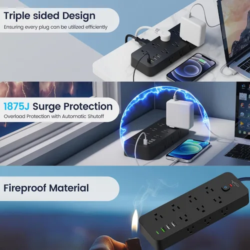 Vista 3 de Regleta de protección contra sobretensiones con puertos USB, 14 salidas de CA con 4 puertos USB (1 USB C), cable de 5 pies con múltiples tomas, 1875
