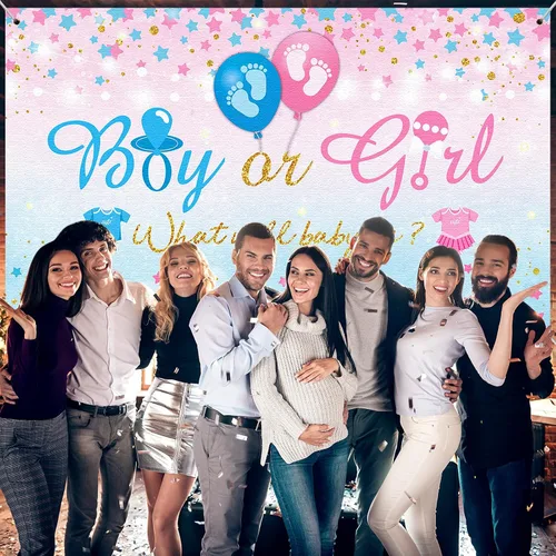 Vista 7 de Fondo de revelación de género para niño o niña, fondo azul y rosa para fiesta de revelación de género, cartel con texto en inglés «What Will Baby