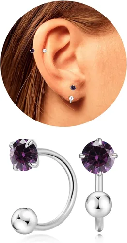 Vista 35 de Pequeños aretes de piedra natal natural de 0.118 pulgadas para mujeres, adolescentes y niñas, pequeños aretes de medio aro para cartílago