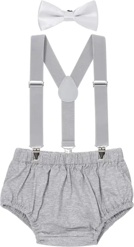 Vista 11 de AWAYTR Conjunto de bombones para bebé niño con tirantes y pajarita para fiesta de primer cumpleaños Beige