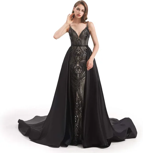 Vista 3 de Kumeng VerdeBorgoñaAzul Marino Lentejuelas Satén Sirena Prom Vestido de Fiesta de Noche Vestido de Celebridad Desmontable Tren