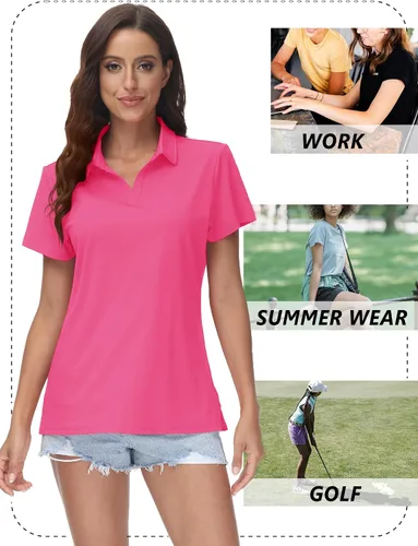 Vista 7 de TACVASEN Polo de manga corta con cuello en V para mujer, con protección solar UPF 50+, secado rápido, para golf