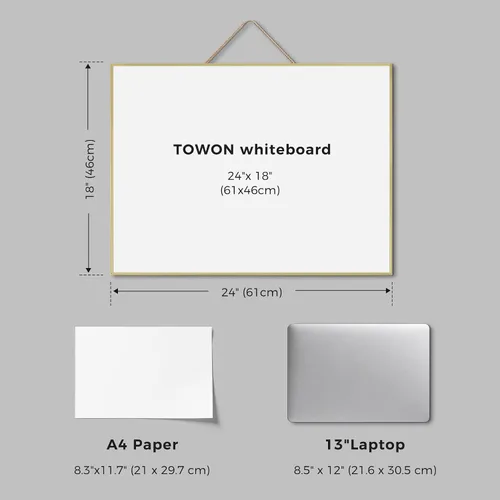 Vista 6 de TOWON Pizarra magnética de borrado en seco dorada de 24 x 18 pulgadas, elegante pizarra blanca con marco de aluminio estrecho para pared, tablero