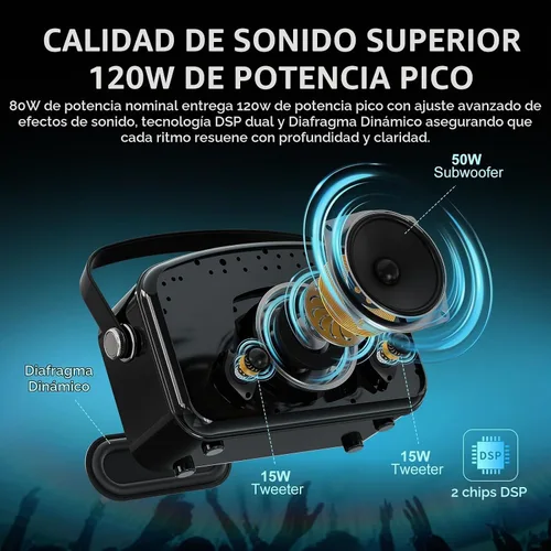 Vista 3 de Amplificador de voz potente de 120 W con 2 micrófonos UHF, altavoces Bluetooth con ajuste de graves/trable/eco, sistema de altavoces PA pequeño
