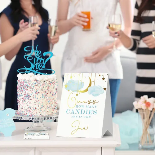 Vista 5 de Guess How Many Candies Baby Shower Games, paquete de 1 logotipo y 50 tarjetas, estrella y luna dorada, nube azul, letreros de baby shower, juego