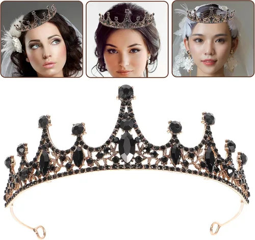 Vista 5 de Lurrose Tiara barroca de corona de reina para novia, diamantes de imitación negros, disfraz barroco de Halloween, baile de graduación, tiara