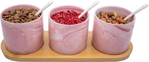 Vista 2 de Juego de 3 tarros de especias de cerámica de mármol con cucharas y tapas de bambú y bandeja (rosa)