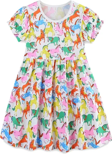 Vista 15 de Bumeex - Vestidos de verano para niñas pequeñas, de algodón, estampado de caricatura, manga corta, vestidos casuales para niñas, vestidos de sol