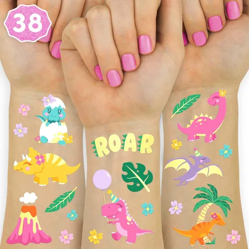 Vista 10 de xo, Fetti Tatuajes temporales de dinosaurios – Lámina dorada, 44 piezas Suministros para fiestas de cumpleaños jurásicas para niños, recuerdo