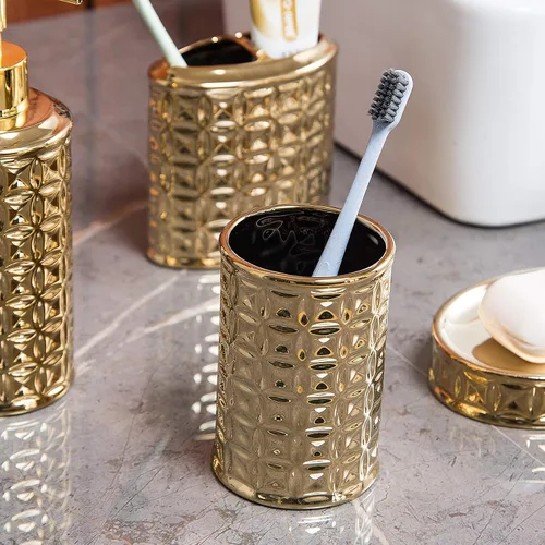Vista 3 de Juego de accesorios de baño dorados, 4 piezas de cerámica para decoración de baño, incluye dispensador de loción, soporte para cepillos de dientes