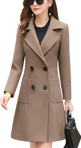Vista 2 de chouyatou - Elegante abrigo con cuello de solapa y abotonadura doble para mujer, de mezcla de lana