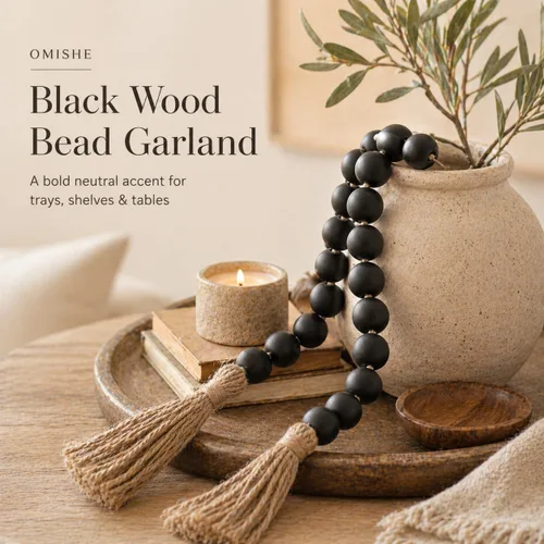 Vista 74 de OMISHE Guirnalda de cuentas de madera extra grande con cuentas de madera y borlas de 1.6 pulgadas de diámetro, cuentas decorativas rústicas de 41
