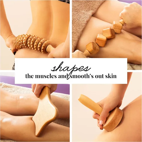 Vista 4 de Tuuli Accesorios - Juego de 4 masajes de madera, incluye rodillo muscular, taza de masaje para celulitis y herramienta de drenaje linfático, ayuda a