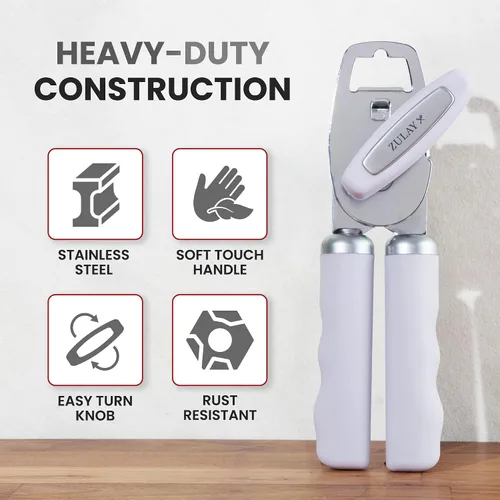 Vista 3 de Zulay Kitchen Abrelatas manual de acero inoxidable resistente con abridor de botellas, abrelatas manual a prueba de óxido con perilla giratoria