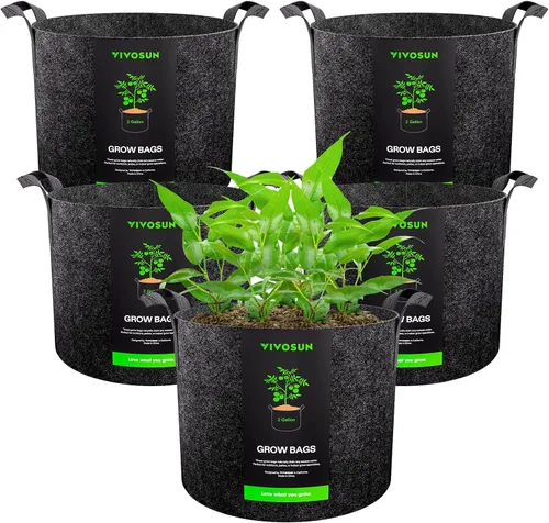 Vista 11 de VIVOSUN - Paquete de 5, 1 galón, bolsas para cultivar de tela no tejida gruesa resistente con asas Negro