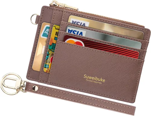 Vista 12 de Cartera delgada para mujer con bloqueo RFID para tarjetas de crédito, porta tarjetas tipo pulsera con cremallera para identificación, cartera
