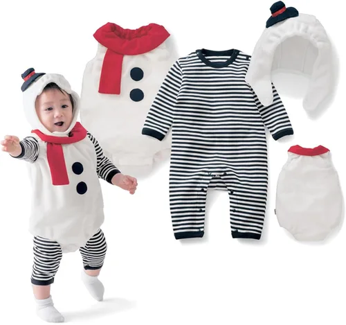 Vista 2 de Disfraz de muñeco de nieve de Navidad de manga larga con capucha con capucha y manoplas, bufanda para niños y niñas, accesorios de fiesta