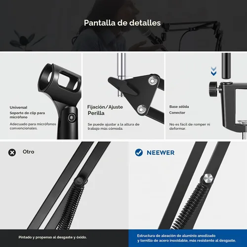 Vista 7 de Neewer: Micrófono ajustable de Suspension Boom Scissor Arm Stand, soporte de micrófono compacto de acero durable para estaciones de radio estudio