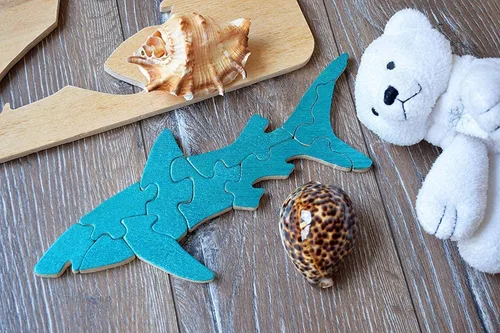 Vista 3 de Shark Wooden Puzzle Toy Montessori Activity Toys Sea Animal Seashore Puzzles Nursery Coastal Sea Animals Fish Fisher Gift Educational Waldorf Eco