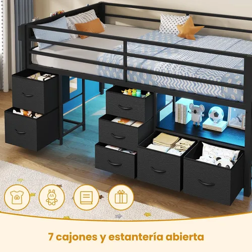 Vista 4 de ADORNEVE Cama baja tipo loft tamaño individual con 7 cajones de almacenamiento, estantería y luces LED, cama alta de metal para niños con barandilla