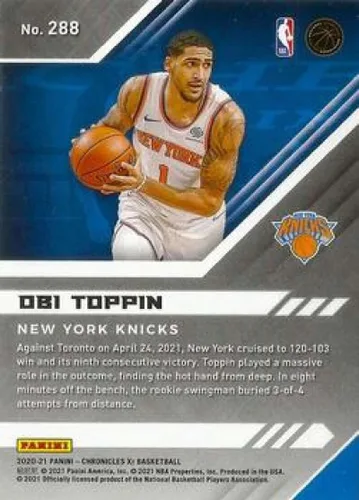 Vista 2 de 2020-21 Panini Chronicles #288 Obi Toppin New York Knicks RC Rookie Card Official NBA Basketball Trading Card in Raw (NM or Better) Condition