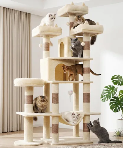 Vista 5 de PMT03BW - Árbol para gatos de interior, torre grande de 71 pulgadas con poste rascador y percha superior, hamaca, condominio para gatos adultos