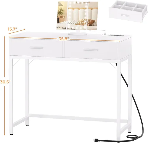 Vista 6 de Cyclysio Tocador con Espejo y Luces, Tocador de Maquillaje de 36'' con Toma de Corriente, Juego de Tocadores Pequeños Mesa de Tocador con Cajones