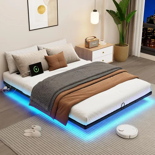 Vista 9 de Base de cama de metal flotante de tamaño individual con luces LED inteligentes y estación de carga, base de cama de plataforma de metal, no necesita