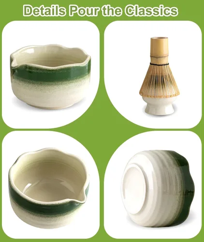 Vista 5 de JBER Juego de matcha, 7 piezas de batidor de cerámica Matcha para ceremonia Gradiente Verde