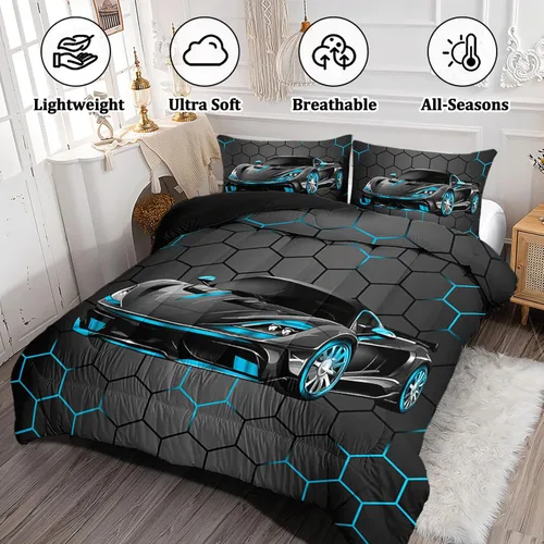Vista 3 de Juego de Ropa de Cama Individual para Niños con Coches de Carrera, Juego de Edredón de Tamaño Individual con Coche Deportivo Azul para Niños, Juego