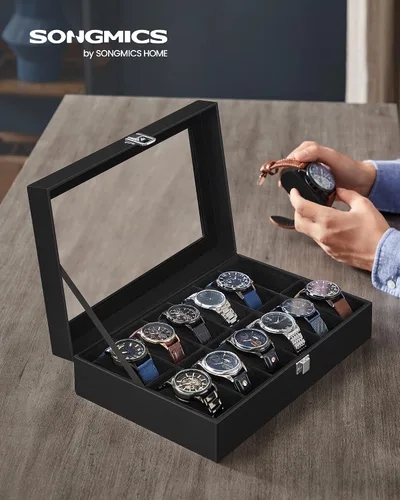 Vista 2 de SONGMICS Caja de reloj caja de reloj de 12 ranuras con tapa de cristal grande almohadas de reloj extraíbles organizador de caja de reloj regalo