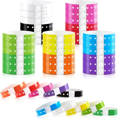 Vista 24 de 600 pulseras de plástico para eventos, vinilo, colores surtidos Adjustable Snap, Bulk Waterproof Neon Colored Arm Bands, For Admission Pools