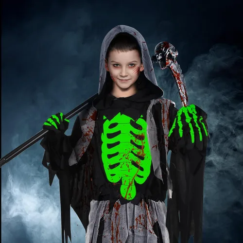 Vista 5 de Neragron Disfraz de la parca para niños y adultos, esqueleto que brilla en la oscuridad, disfraz de Halloween, guadaña con guantes incluidos