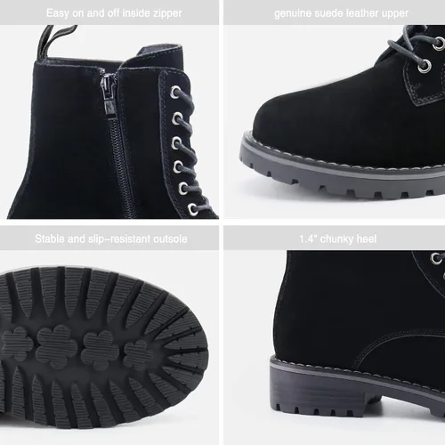 Vista 2 de JABASIC Botas de combate de cuero de gamuza para mujer, botas de tobillo con cordones y cremallera lateral