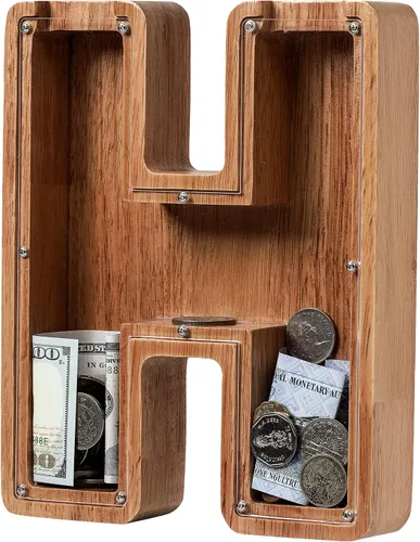 Vista 95 de Alcancía para niños y niñas, alcancía de madera con letra grande del alfabeto con inicial A, banco de monedas, regalos divertidos para cumpleaños