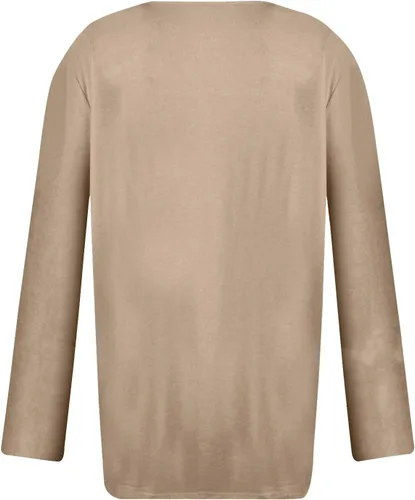 Vista 4 de Camiseta de manga larga con cuello en V y botones para mujer, con panel en el pecho, color liso, sin botones