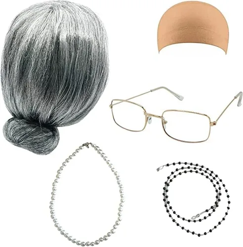 Vista 4 de 5 Pieces Old Lady Costume for Kids - 100th Day of School Grandma Costume for Kids Girls, Cosplay Set Granny Wig, Glasses with Chain, Wig Cap