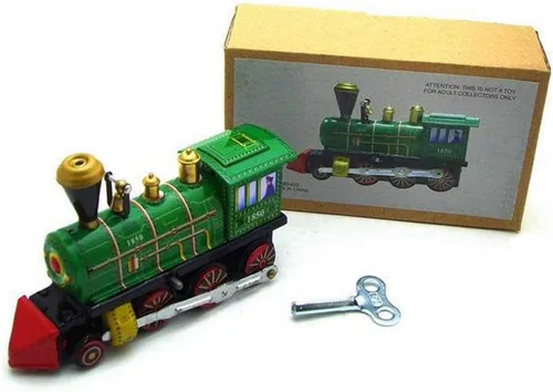 Vista 6 de Charmgle Juguete retro de cuerda para arriba, decoración del hogar, colección para adultos, juguete clásico de tren verde, juguete de primavera
