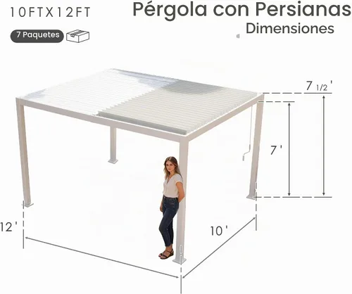 Vista 8 de Kozyard Pergola con listones para exteriores, 10 x 12 pies, refugio de Resistente a la intemperie, sistema de drenaje, techo con listones Blanco