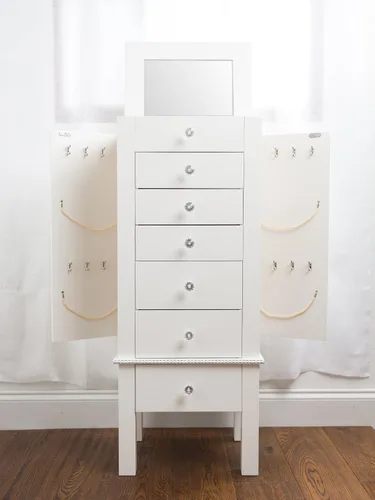 Vista 6 de Hives and Honey Kimberly Jewelry Armoire - Organizador de almacenamiento blanco moderno con cajones divididos y ganchos para collares, diseño