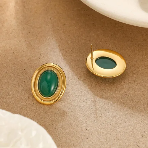 Vista 5 de Aretes gruesos de color dorado, geométricos de oro de 18 quilates, turquesa, lapislázuli, verde, rojo, ovalados para mujer